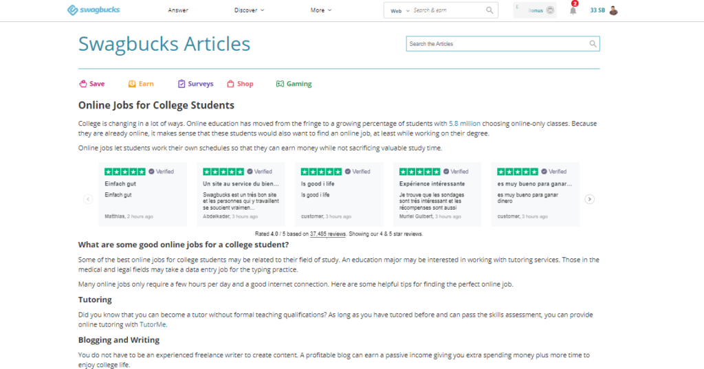 John, a college student Review - Swagbucks