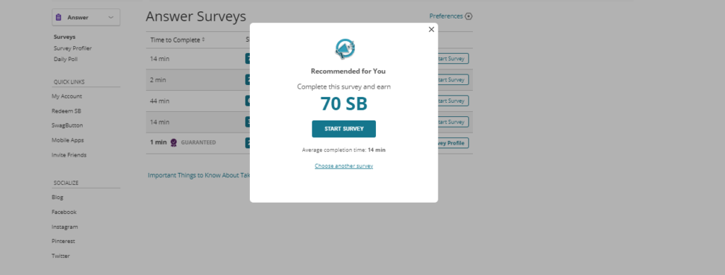 swagbucks Surveys Page