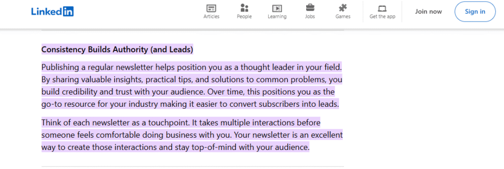 Use LinkedIn Newsletters - brand consistently publishes newsletters