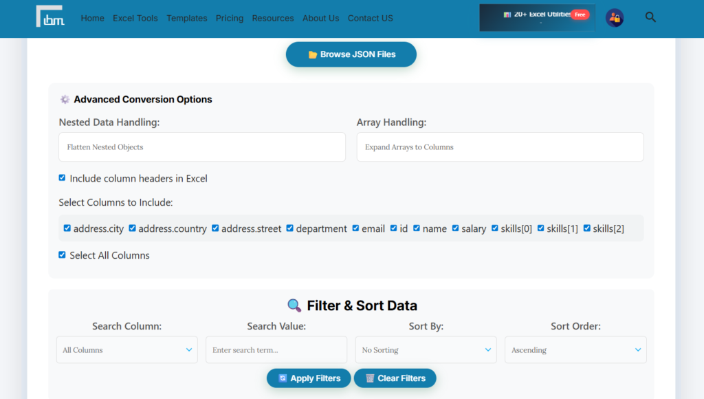 Convert JSON to Excel Online Free Advanced Conversion Options - IBusiness Excel Tools