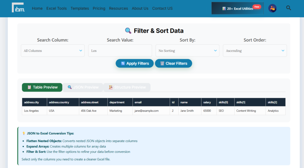 Convert JSON to Excel Online Free Preview Excel & JSON - IBusiness Excel Tools
