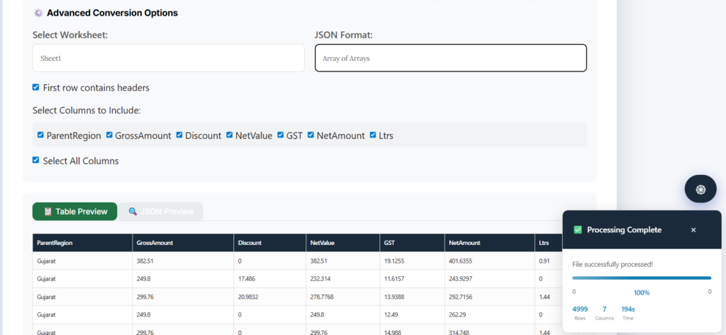 Excel to JSON Converter Online Free - Advanced Conversion Options - IBusiness Excel Tools